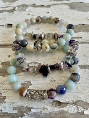 3 Green Faceted Aventurine & Fluorite & Silver Beaded Stretchy Bracelets